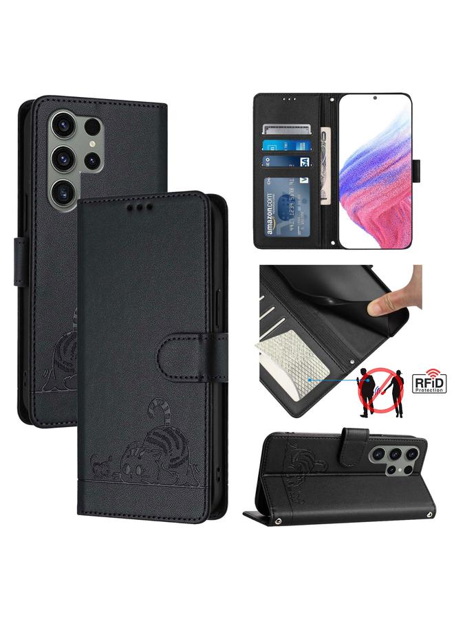 اس-توب جراب لهاتف Samsung Galaxy S23 Ultra 5G من الجلد المنقوش بنمط قطة وفأر بتقنية RFID مع حبل تعليق - Image 1