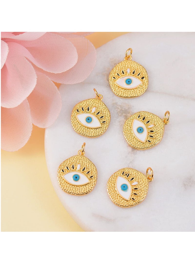 SYOSI SYOSI 5 Pcs Flat Round with Evil Eye Brass Charm Pendants Brass Enamel Pendants Long Lasting Plated Charm, for Women Earrings Necklace Bracelet Jewelry Making Crafts - Image 5