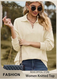 RIOXS Women's V-neck Long Sleeve Fitted Shirts, Loose Casual Blouse, Knitted Solid Color Tops Soft and Comfortable Pullover Shirt, For Work or Daily Wear  - Image 1