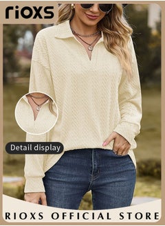 RIOXS Women's V-neck Long Sleeve Fitted Shirts, Loose Casual Blouse, Knitted Solid Color Tops Soft and Comfortable Pullover Shirt, For Work or Daily Wear  - Image 3