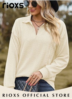 RIOXS Women's V-neck Long Sleeve Fitted Shirts, Loose Casual Blouse, Knitted Solid Color Tops Soft and Comfortable Pullover Shirt, For Work or Daily Wear  - Image 4