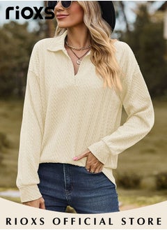 RIOXS Women's V-neck Long Sleeve Fitted Shirts, Loose Casual Blouse, Knitted Solid Color Tops Soft and Comfortable Pullover Shirt, For Work or Daily Wear  - Image 2