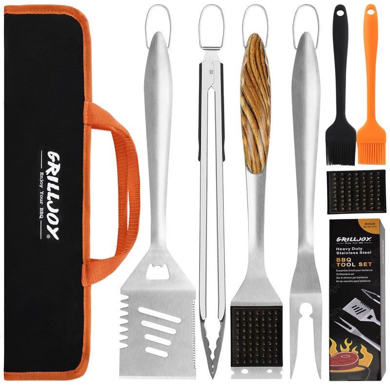 Grilljoy 8PCS Heavy Duty BBQ Grill Tools Set with Extra Thick Stainless Steel Spatula, Fork, Tongs & Cleaning Brush - Complete Barbecue Accessories Kit with Portable Bag - Perfect Grill Gifts for Men - Image 1