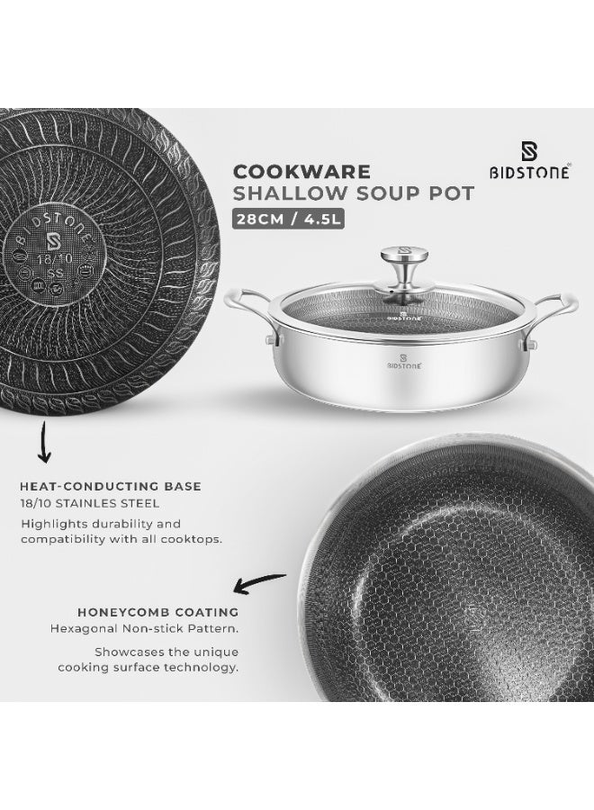 BIDSTONE 28cm Premium Stainless Steel Shallow Pot – 4.5L Honeycomb Nonstick Coating, Tempered Glass Lid, Induction & Oven Safe, PTFE/PFOA-Free, Dishwasher Safe - Image 2