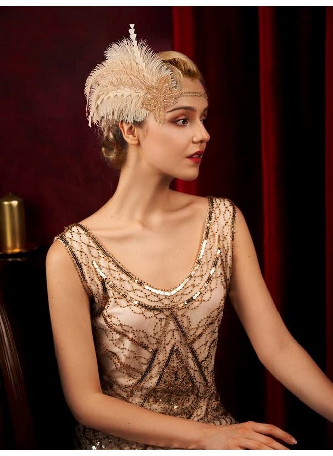 SWEETV 1920S Flapper Headband Rhinestone Feather Roaring 20S Great Gatsby Headpiece Hair Accessories For Women (Champagne)  - Image 3