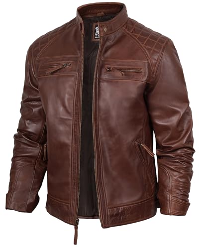 fjackets Real Lambskin Leather Biker Jacket — Quilted Cafe Racer Zip Up Moto Leather Jacket Men | [1100083] Johnson Brown, M - Image 1