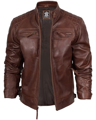 fjackets Real Lambskin Leather Biker Jacket — Quilted Cafe Racer Zip Up Moto Leather Jacket Men | [1100083] Johnson Brown, M - Image 2