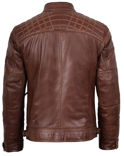 fjackets Real Lambskin Leather Biker Jacket — Quilted Cafe Racer Zip Up Moto Leather Jacket Men | [1100083] Johnson Brown, M - Image 3