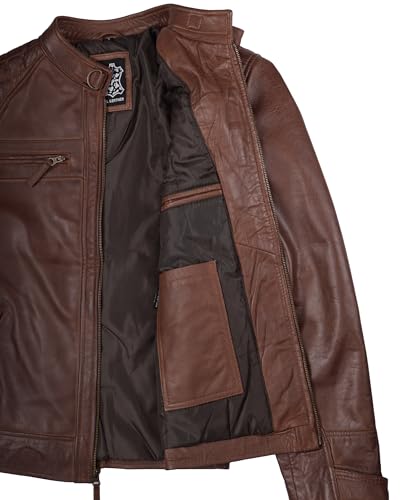 fjackets Real Lambskin Leather Biker Jacket — Quilted Cafe Racer Zip Up Moto Leather Jacket Men | [1100083] Johnson Brown, M - Image 5