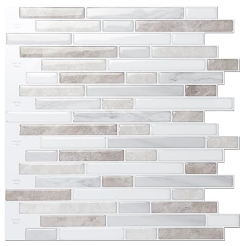 LONGKING 10 Sheet Marble Peel and Stick Backsplash for Kitchen,Self-Adhesive Tile Backsplash for Kitchen, Bathroom, 12in x 12in, (Beige & White) - Image 1
