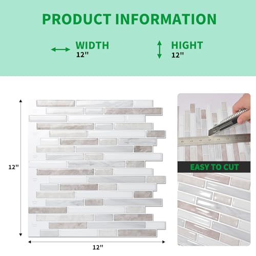 LONGKING 10 Sheet Marble Peel and Stick Backsplash for Kitchen,Self-Adhesive Tile Backsplash for Kitchen, Bathroom, 12in x 12in, (Beige & White) - Image 4