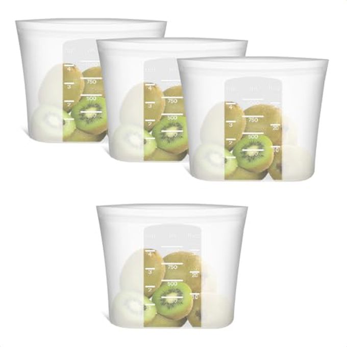 Annaklin Reusable Silicone Food Storage Bags Quart 4 Pack, Stand Up Ziplock Reusable Freezer Sandwich Bag Containers for Food Travel, Freezer Microwave Oven Dishwasher Safe, Translucent, 33.8fl.oz