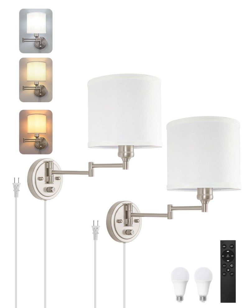 GOODATE Plug in Wall Sconces with Remote Control Dimming Adjustable Colors 2700K6500K Hardwire or Plugin Swing Arm Wall Lamp with White Fabric Shade Wall Sconces Set of Two Brushed Nickel Finish - Image 2