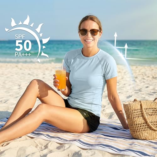 Riverruns Women's Swim Shirt Short Sleeve Rash Guard UPF 50+ UV Protection Quick Dry Athletic Yoga Workout T-Shirt Running Gym Tee(Light Blue, XXL) - Image 3