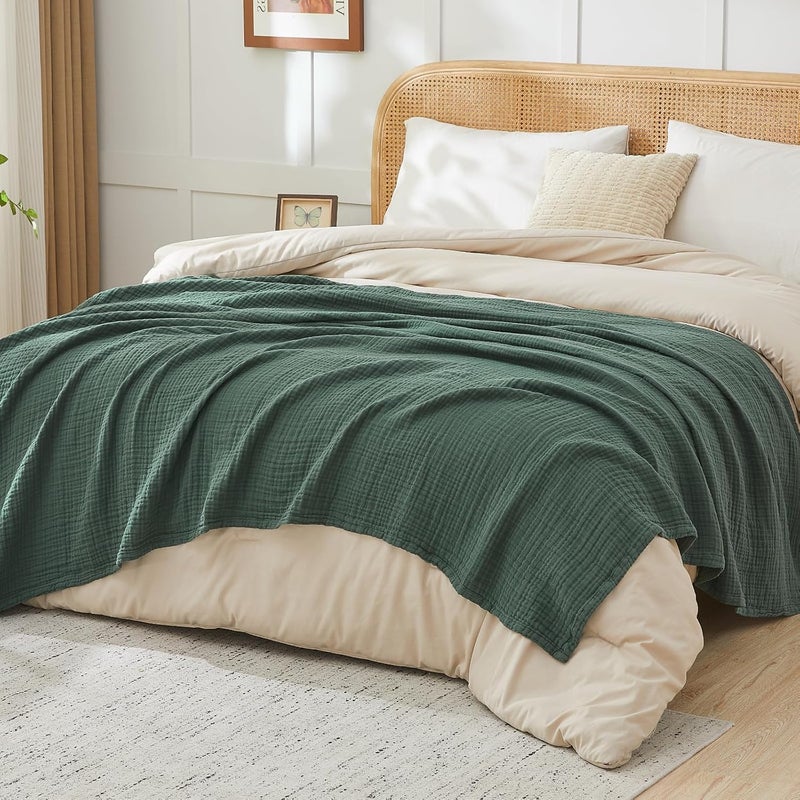 EMME 100% Cotton Muslin Blanket for Adult, 228 x 228 cm, 6 Layers, Breathable and Soft, Large, for Couch, All Season, Prewashed, Bedspread, Forest Green - Image 4