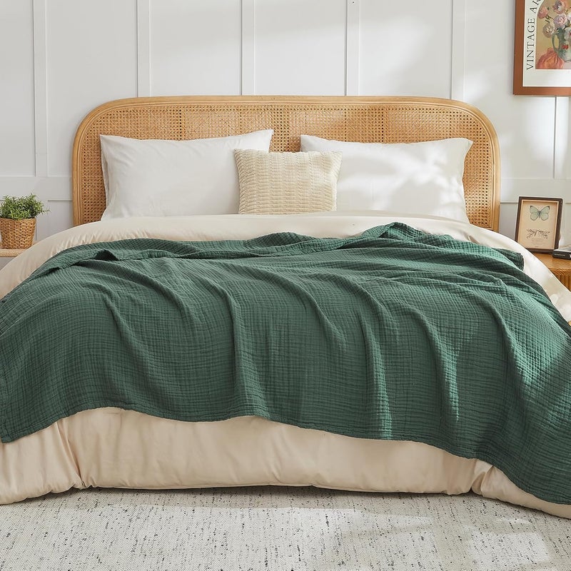 EMME 100% Cotton Muslin Blanket for Adult, 228 x 228 cm, 6 Layers, Breathable and Soft, Large, for Couch, All Season, Prewashed, Bedspread, Forest Green - Image 1