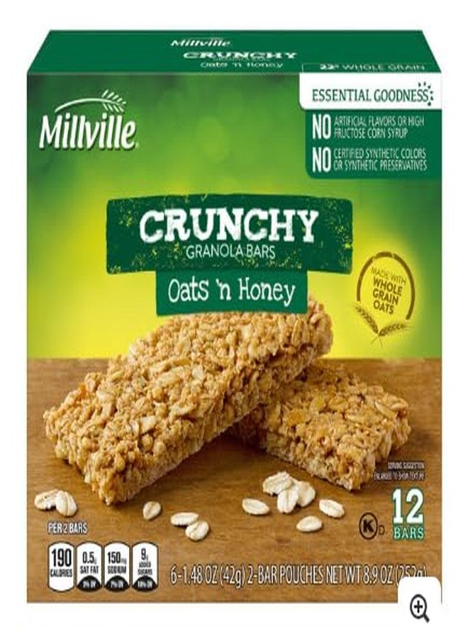 Millville Crunchy Oats 'n Honey Granola Bars - 12 Count | Whole Grain Snack | No Artificial Flavors | On-the-Go Breakfast or Snack | Crunchy Texture, Lightly Sweetened
