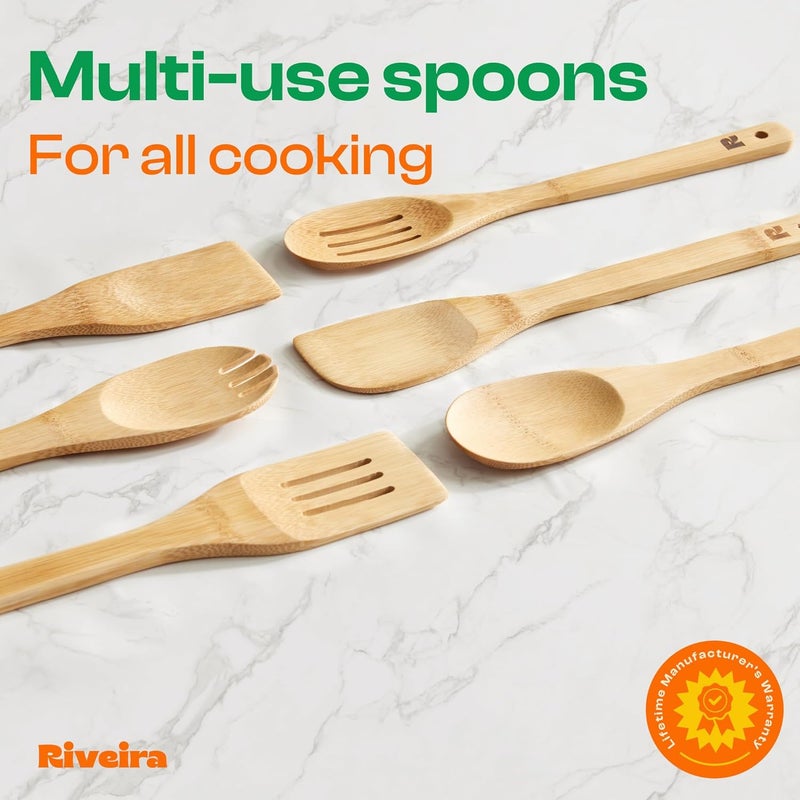 Riveira Bamboo Cooking Spoons 6-Piece – Wooden Cooking Utensils Set with Wooden Spoons for Cooking & Spatulas Wooden Utensil Sets – Premium Kitchen Utensils Set – Durable First Apartment Essentials - Image 4