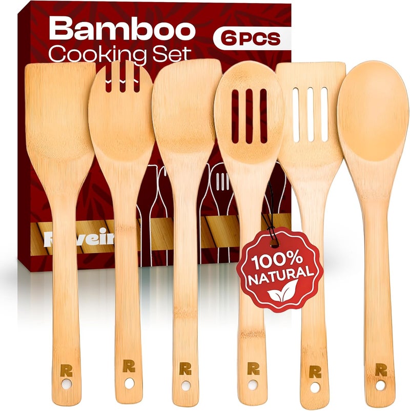 Riveira Bamboo Cooking Spoons 6-Piece – Wooden Cooking Utensils Set with Wooden Spoons for Cooking & Spatulas Wooden Utensil Sets – Premium Kitchen Utensils Set – Durable First Apartment Essentials - Image 1
