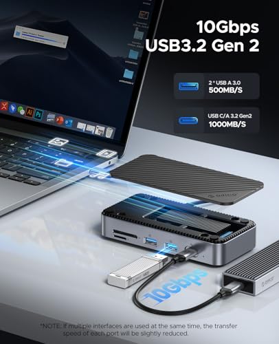 ORICO 9-in-1 USB C Hub with M.2 NVMe SSD Enclosure 10Gbps, Tool Free Hub Docking Station Adapter with Built-in Fan, Gigabit Ethernet, 100W PD, SD/TF, Type C & USB A for Laptop MacBook Mac mini -M2P7 - Image 4