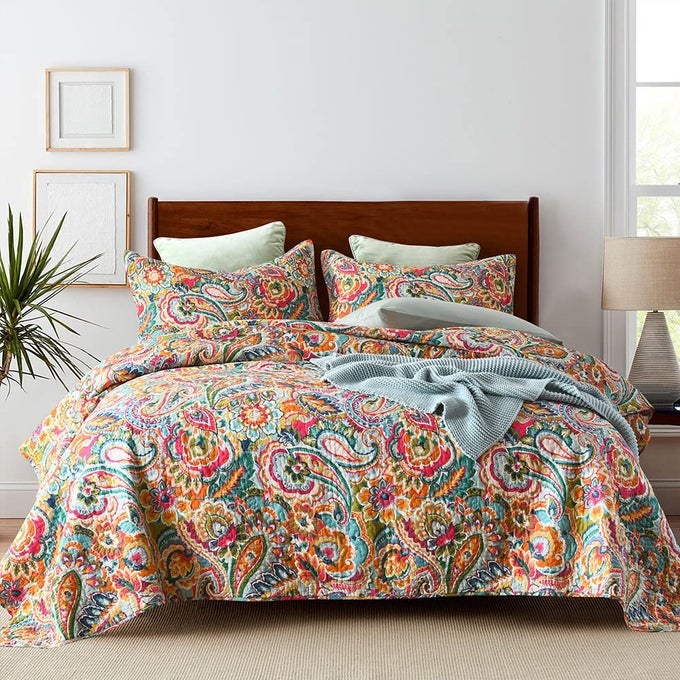 COTTON BEDSPREAD QUILT SETS REVERSIBLE BEDDING COVERLET SETS COMFORTER GORGEOUS RED FLORAL PAISLEY BEDSPREAD QUEEN SIZE