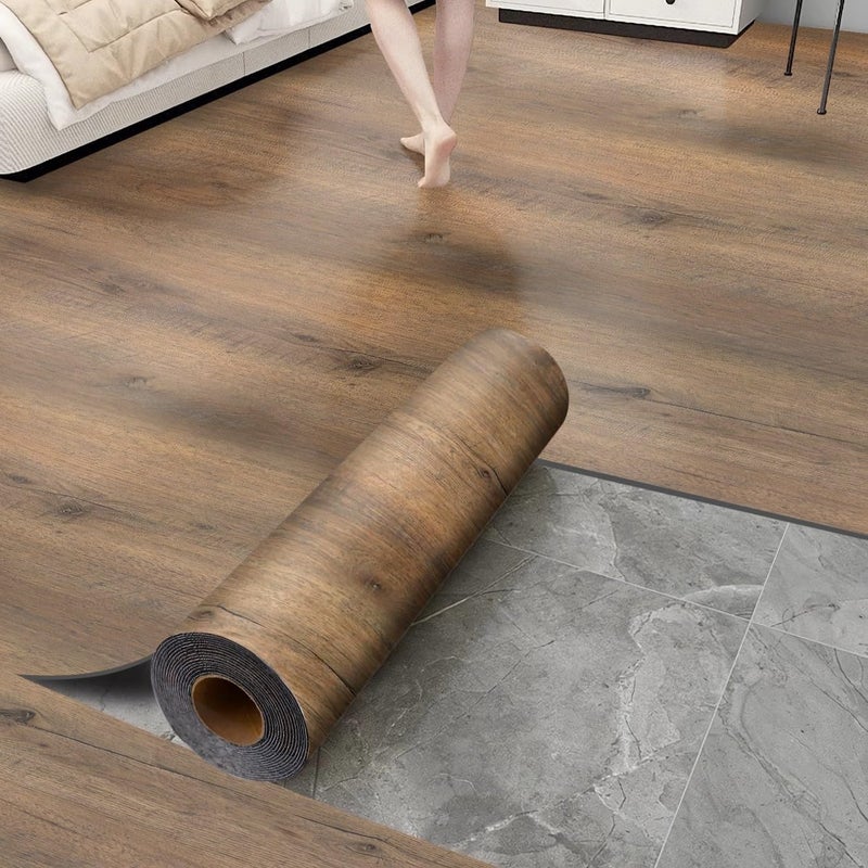 Chejiaye Luxury Thicken Wood Grain Peel and Stick Floor Tiles Self-Adhesive Vinyl Flooring Roll-DIY Easy for Wall and Floor,Hard Surface/Waterproof/Anti Slip (Brown Vinyl Flooring, 17.72 "W x 118" L) - Image 1