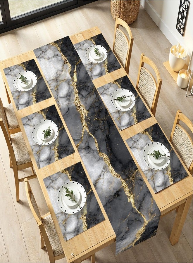 THISFIND Marble Table Runner and Placemats Set of 6, Black & White Marble with Gold Vein Design, 1 Table Runner (72x13 in) + 6 Placemats (17.7x11.8 in), Elegant Dining Table Decor - Image 1