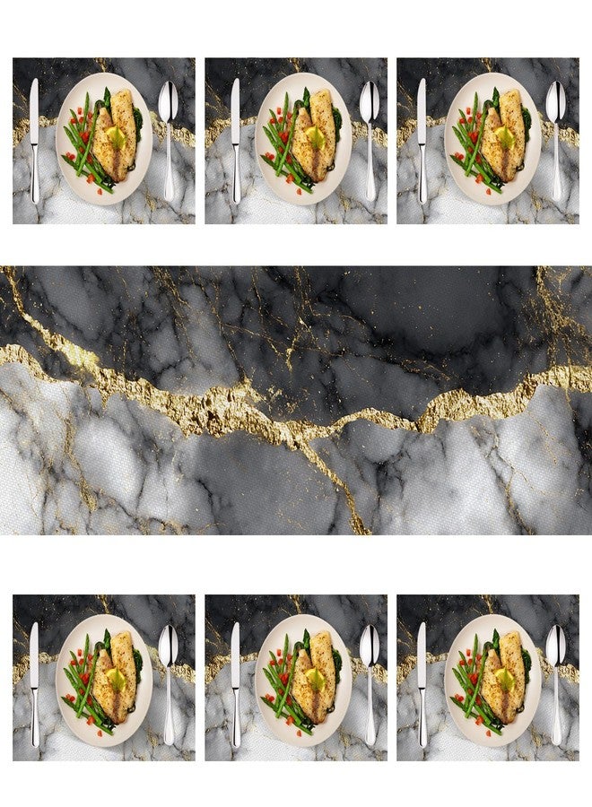 THISFIND Marble Table Runner and Placemats Set of 6, Black & White Marble with Gold Vein Design, 1 Table Runner (72x13 in) + 6 Placemats (17.7x11.8 in), Elegant Dining Table Decor - Image 2