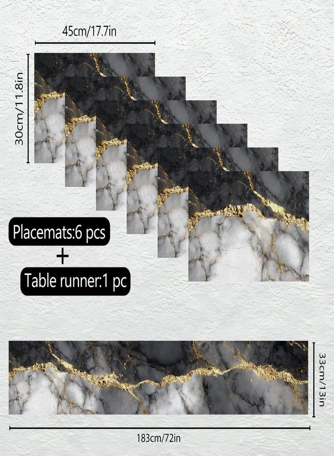 THISFIND Marble Table Runner and Placemats Set of 6, Black & White Marble with Gold Vein Design, 1 Table Runner (72x13 in) + 6 Placemats (17.7x11.8 in), Elegant Dining Table Decor - Image 4
