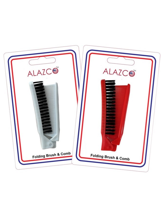 ALAZCO - Folding Compact Travel Pocket Hair Brush/Comb 1 Red 1 White Travel Camping School Gym Locker Work Car Purse Dorm (2Pc Set) - Image 1
