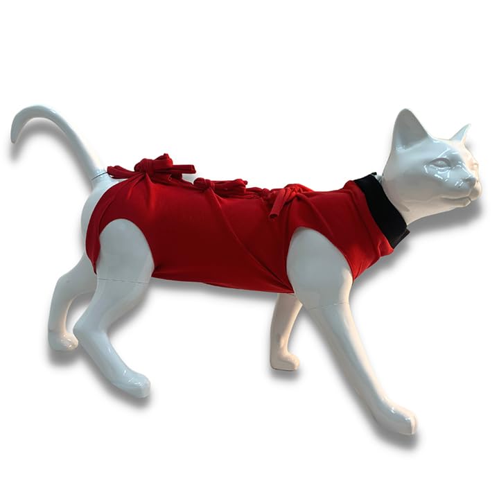 A+a Pets ' Cat Everyday Clothing, for Post Surgery Recovery, Abdominal Wounds or Skin Diseases | Breathable Cotton (Red, M) - Image 1