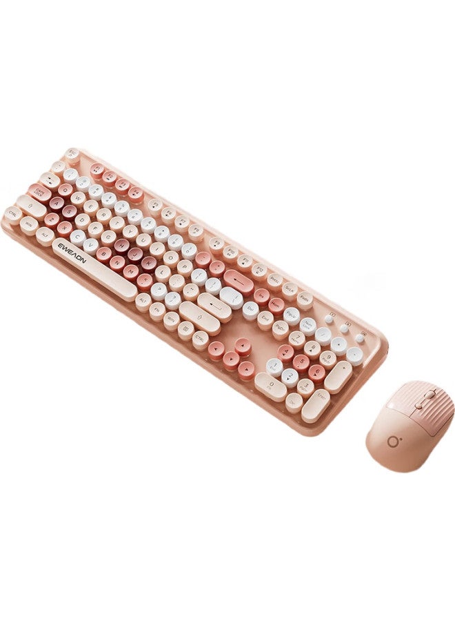 Eweadn V96 Stylish Retro Wireless Keyboard And Mouse Set, Genuine Mechanical Feel, Wireless Office Keyboard And Mouse Set, Laptop Membrane Keyboard, Spring Jiang Pink Wireless Keyboard And Mouse Set - Image 1
