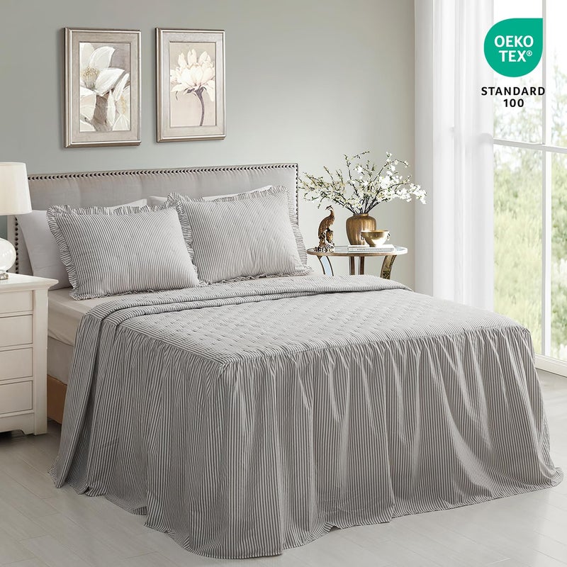 CHIXIN Ticking Stripe Ruffle Skirt Bedspread King Size - 30" Long Drop, Shabby Chic Style, Lightweight Bedding Cover, 3 Piece Set, Light Grey - Image 2