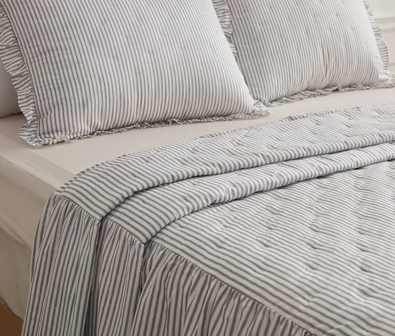 CHIXIN Ticking Stripe Ruffle Skirt Bedspread King Size - 30" Long Drop, Shabby Chic Style, Lightweight Bedding Cover, 3 Piece Set, Light Grey - Image 3