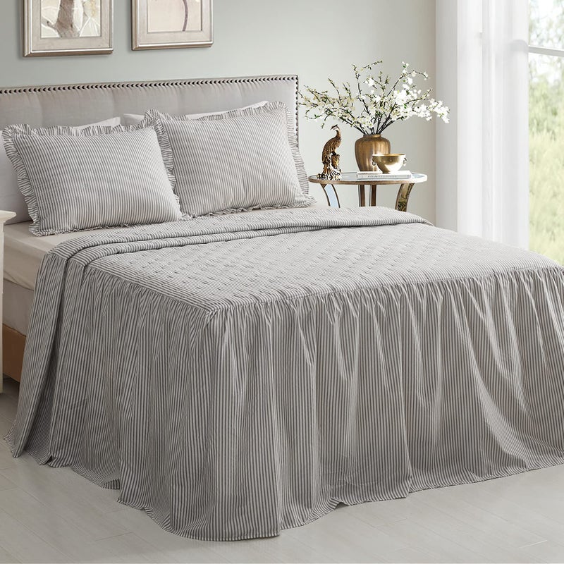 CHIXIN Ticking Stripe Ruffle Skirt Bedspread King Size - 30" Long Drop, Shabby Chic Style, Lightweight Bedding Cover, 3 Piece Set, Light Grey - Image 1