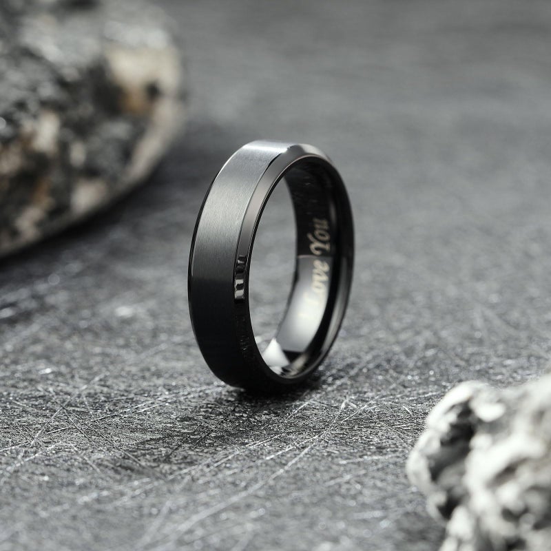 King Will 316L Stainless Steel Wedding Ring for Men Women- 6mm Width Black Wedding Band Laser I Love You Matte Finish & Polished Beveled Edge Style Comfort Fit Size 9 - Image 3