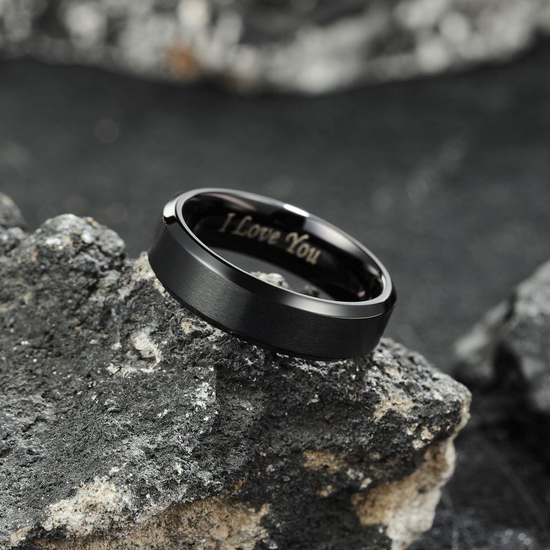 King Will 316L Stainless Steel Wedding Ring for Men Women- 6mm Width Black Wedding Band Laser I Love You Matte Finish & Polished Beveled Edge Style Comfort Fit Size 9 - Image 2