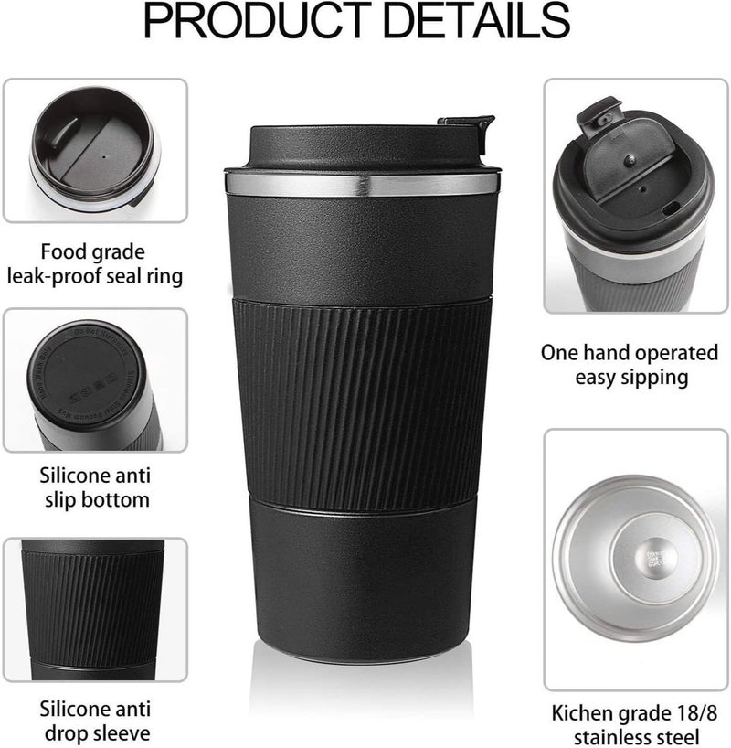 جيمفول كوب قهوة للسفر سعة 510 مل مع غلاف سيليكون مانع للانزلاق، كوب حراري معزول بتفريغ الهواء وجدار مزدوج من الفولاذ المقاوم للصدأ، غطاء قلاب محكم للمشروبات الساخنة والباردة، أسود - Image 2