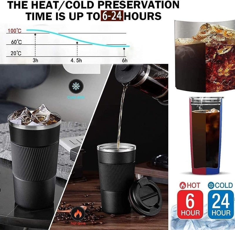 جيمفول كوب قهوة للسفر سعة 510 مل مع غلاف سيليكون مانع للانزلاق، كوب حراري معزول بتفريغ الهواء وجدار مزدوج من الفولاذ المقاوم للصدأ، غطاء قلاب محكم للمشروبات الساخنة والباردة، أسود - Image 4