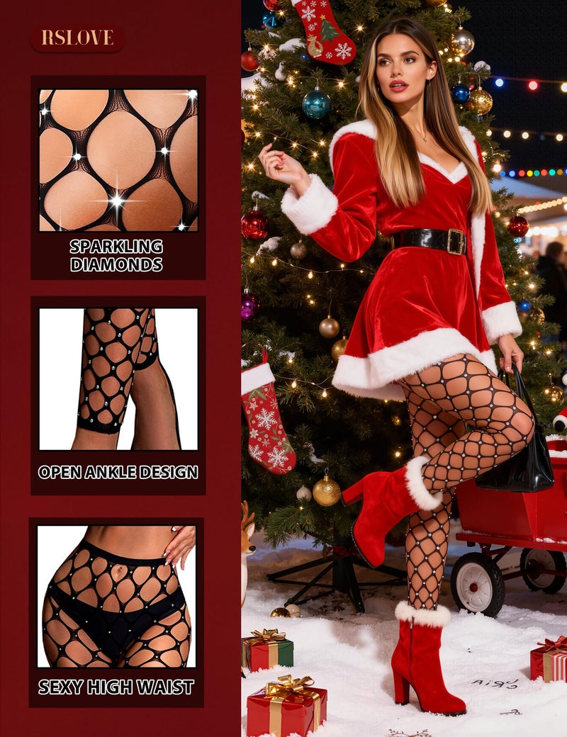 RSLOVE Women Sexy High Waist Tights Rhinestone Sparkle Fishnet Stockings Pantyhose Leggings Lingerie Pants Black - Image 3