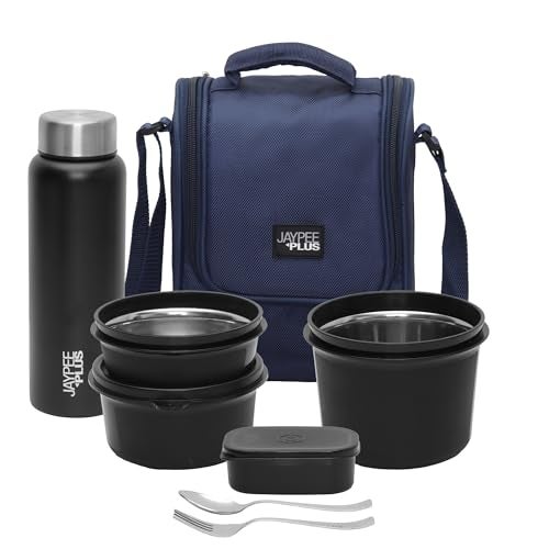 Jaypee Plus Meal Plus 1390 ml Stainless Steel Office Lunch Box | BPA Free, Microwave Safe & Spillproof Airtight 4 Containers | Includes Bottle, Spoon, Fork & Bag | Ideal for College & School (Blue) - Image 1