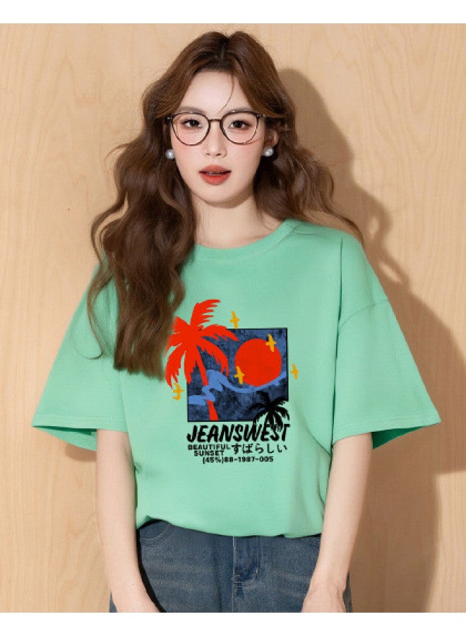 Jeanswest تي شيرت أساسي مطبوع بأكمام قصيرة للنساء - تصميم فضفاض صيفي بياقة دائرية قطنية نحيفة (تي غير رسمي متعدد الاستخدامات) - Image 1