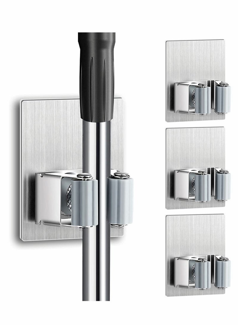 NIBEMINENT Mop Broom Holder, 3PCS Wall Mounted Clip Grippers, Self-Adhesive No Drilling Racks, Anti-Slip Utility Hooks for Home, Bathroom, Kitchen, Garden, Garage (Silver)  - Image 1
