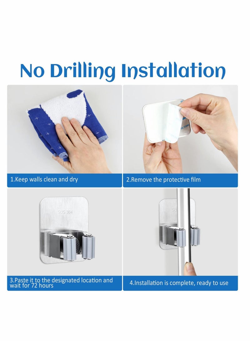 NIBEMINENT Mop Broom Holder, 3PCS Wall Mounted Clip Grippers, Self-Adhesive No Drilling Racks, Anti-Slip Utility Hooks for Home, Bathroom, Kitchen, Garden, Garage (Silver)  - Image 4