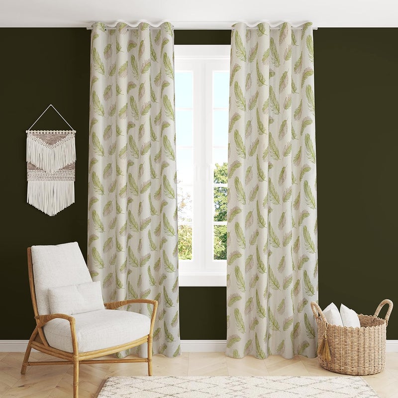 Yarnis Yarnis Feather Printed LightFiltering Curtains 5 Feet Long Set of 2 for Window Living Room Green Parda - Image 1