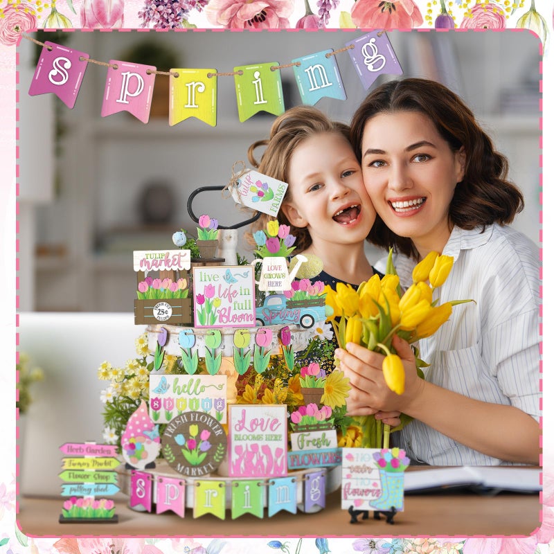 Ziliny 26 Pcs Spring Tiered Tray Decor Hello Spring Flower Gnome Truck Fresh Style Wooden Centerpiece Table Decor Easter Wood Sign for Home Farmhouse Rustic Decoration - Image 4