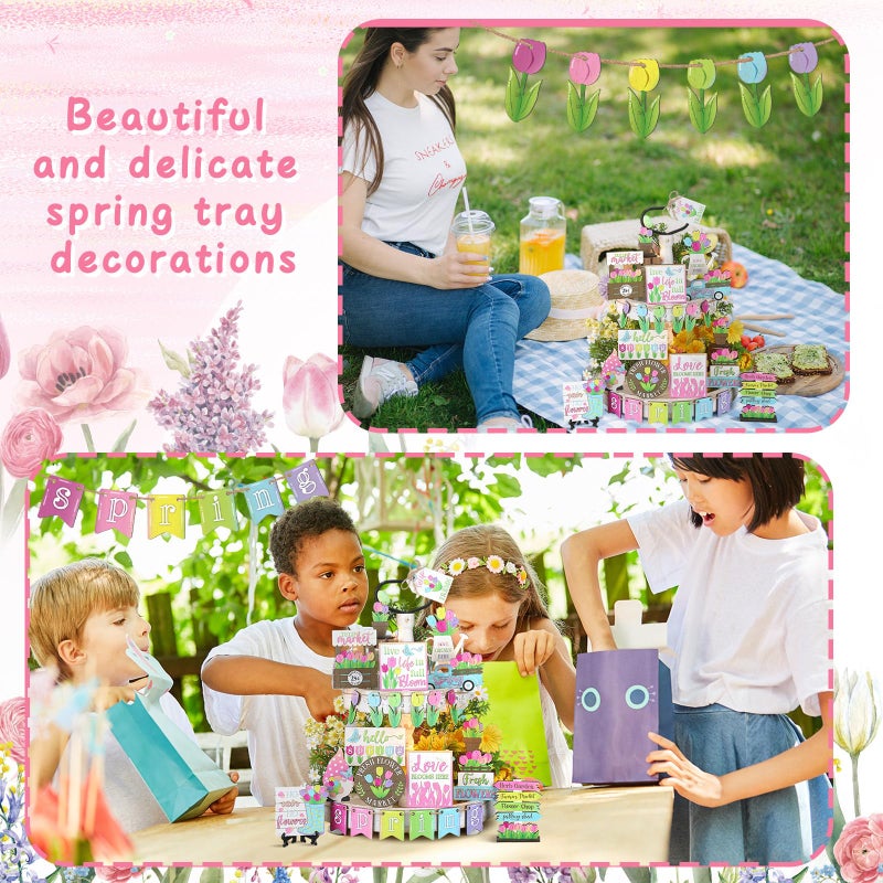 Ziliny 26 Pcs Spring Tiered Tray Decor Hello Spring Flower Gnome Truck Fresh Style Wooden Centerpiece Table Decor Easter Wood Sign for Home Farmhouse Rustic Decoration - Image 5