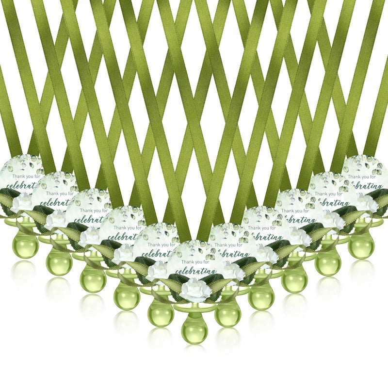 Coume 60 Pcs Sage Green Baby Shower Favors Acrylic Pacifier Necklace Thank You Gift Bulk with Cards for Guests Prizes Baby Shower Games Favors - Image 2