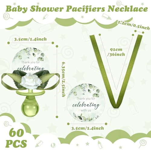 Coume 60 Pcs Sage Green Baby Shower Favors Acrylic Pacifier Necklace Thank You Gift Bulk with Cards for Guests Prizes Baby Shower Games Favors - Image 3