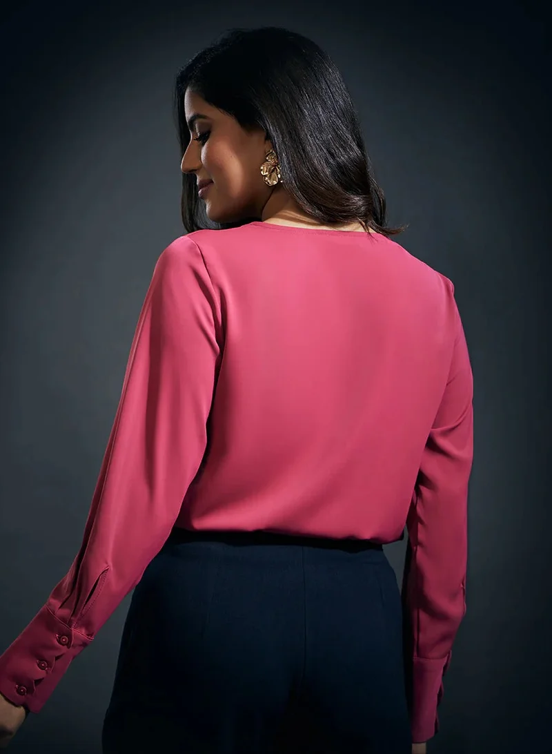 Zigzag Cuff Scalloped Chiffon  Top-Pink